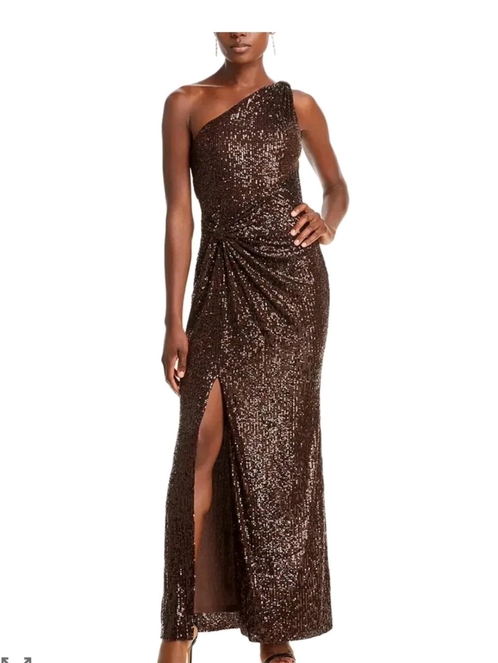 Nwot M Silk Badgley Mischka One-Shoulder Chocolate Sequin Gown with Side Slit